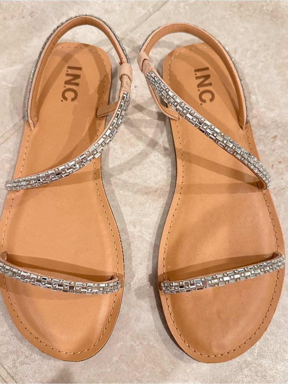 INC International Concepts Tan Sandals with Silver Embellished Straps